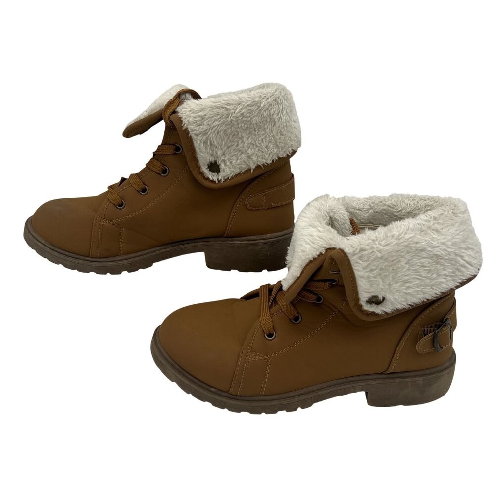 Girls Tan Faux Leather & Faux Fur Fold-Over Ankle Boots Size 3 Olivia Miller